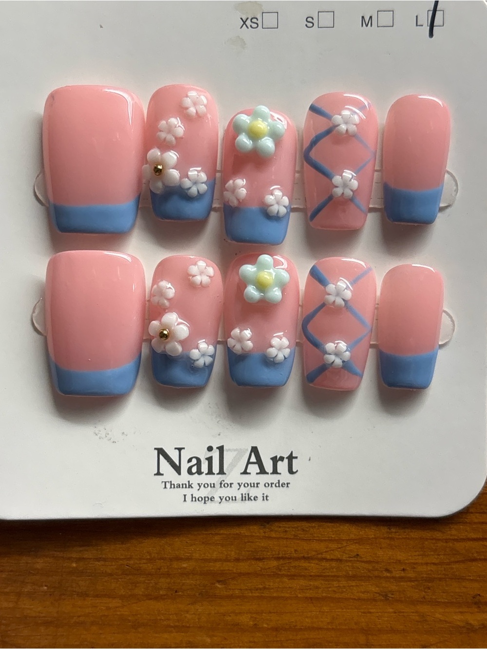 Pink Floral Press-On Nails with Blue Accents